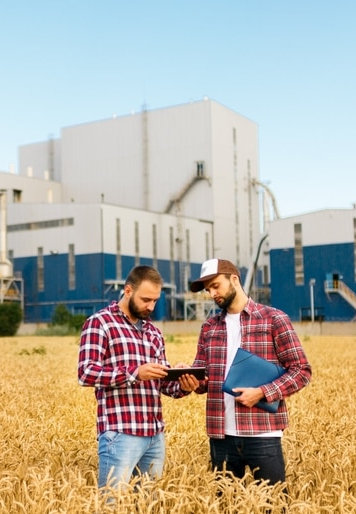 Zwei Landwirte stehen in einem Getreidefeld, vor einer Fabrik und beraten sich mit Hilfe eines Tablets.