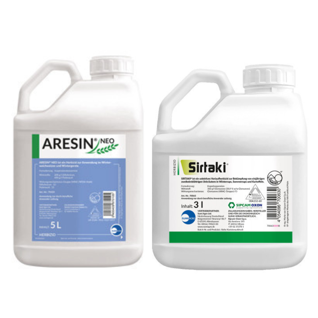 Die Herbizide Aresin Neo und Sirtaki kann man bei agrimand zum Festpreis erwerben